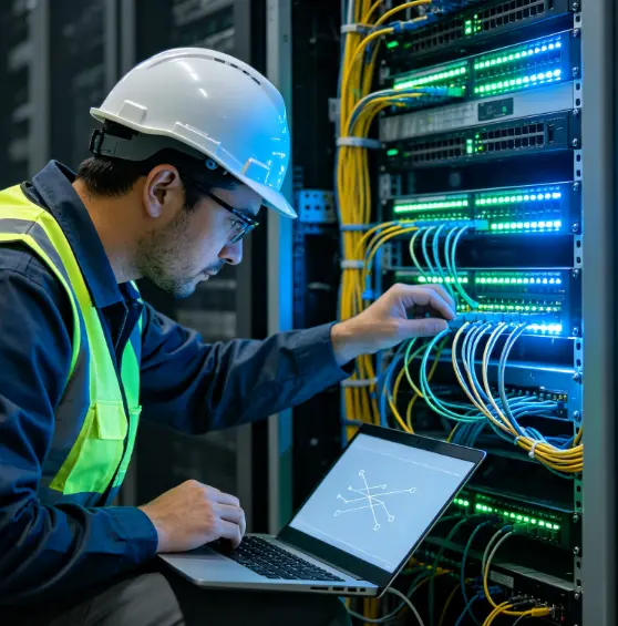 Engineer commissioning telecom network equipment